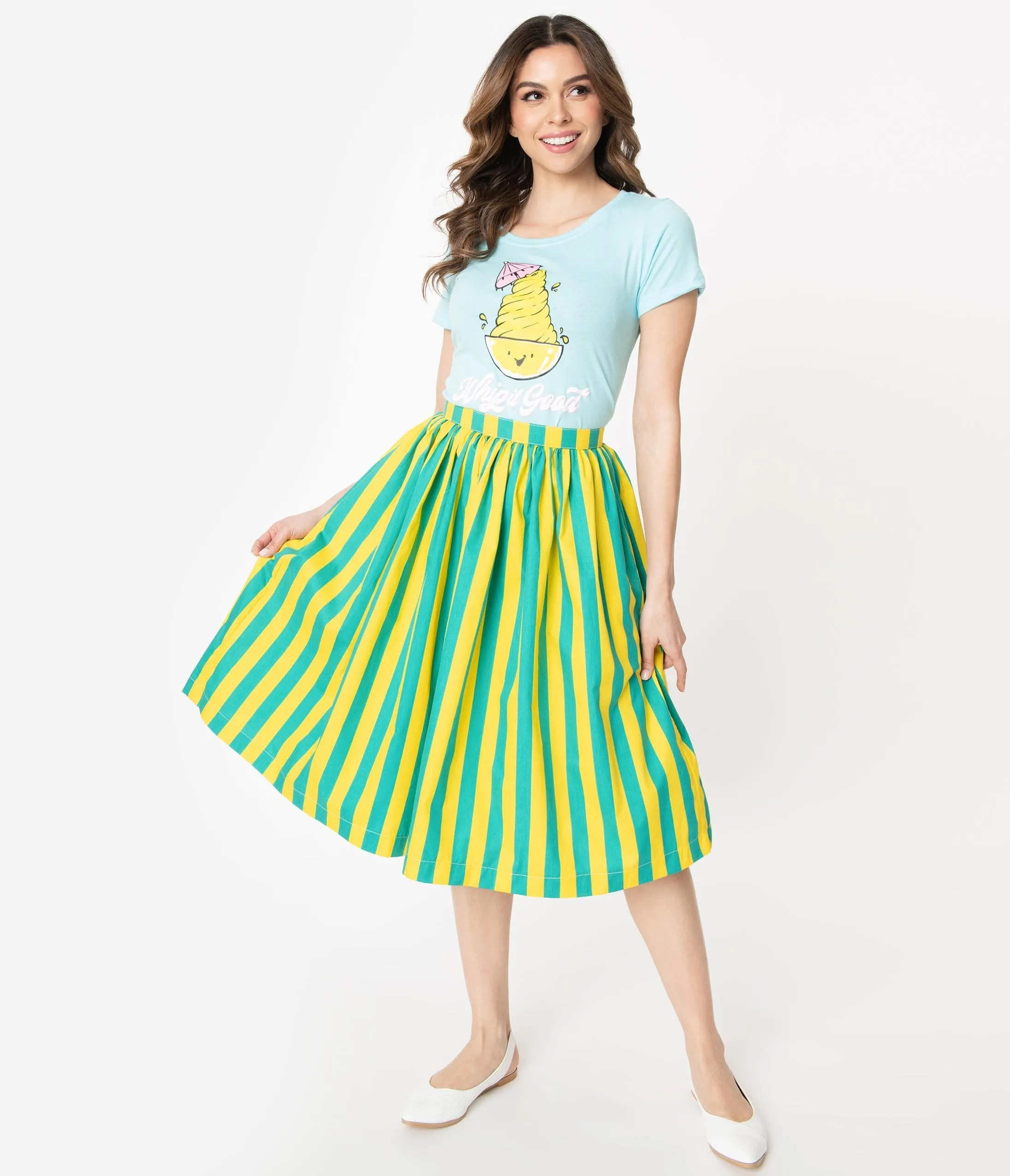 1950s Style Green & Yellow Stripe Swing Skirt