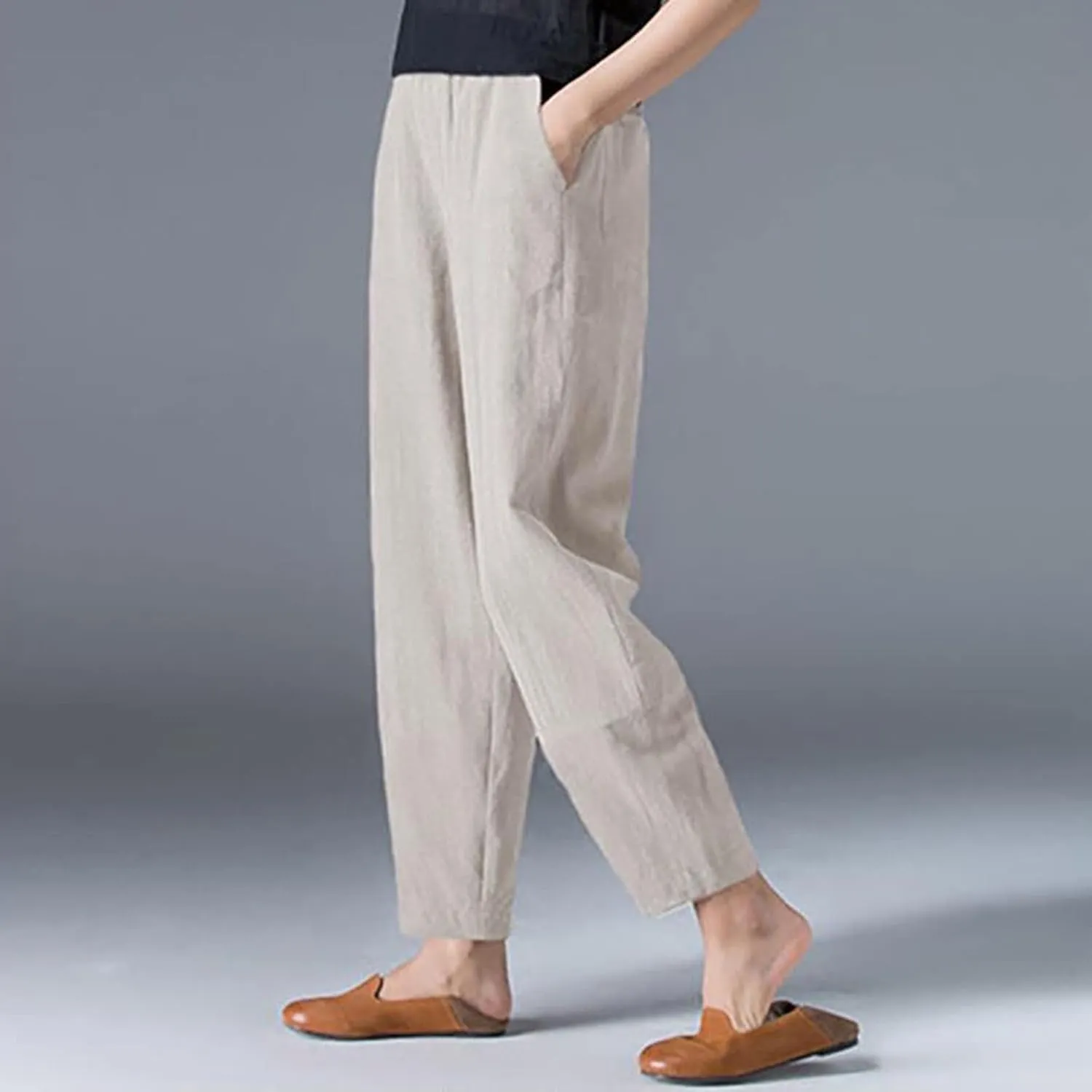 2024 Summer Pants for Women Cotton Linen Breathable Lightweight Yoga Pants Elastic Waist Beach Trousers Trendy Harem Pant