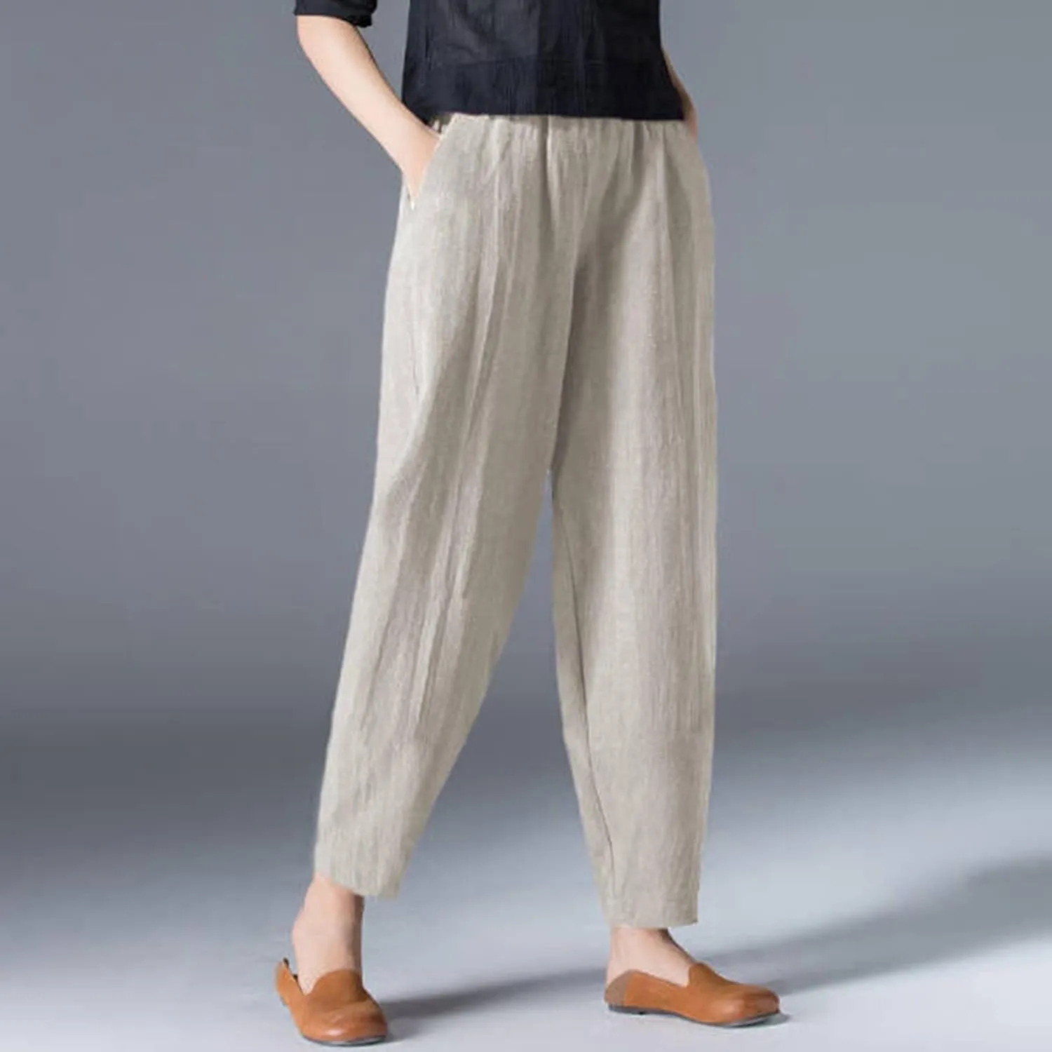 2024 Summer Pants for Women Cotton Linen Breathable Lightweight Yoga Pants Elastic Waist Beach Trousers Trendy Harem Pant