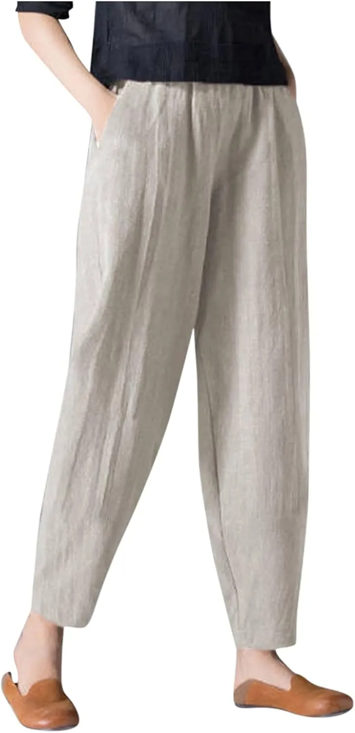 2024 Summer Pants for Women Cotton Linen Breathable Lightweight Yoga Pants Elastic Waist Beach Trousers Trendy Harem Pant