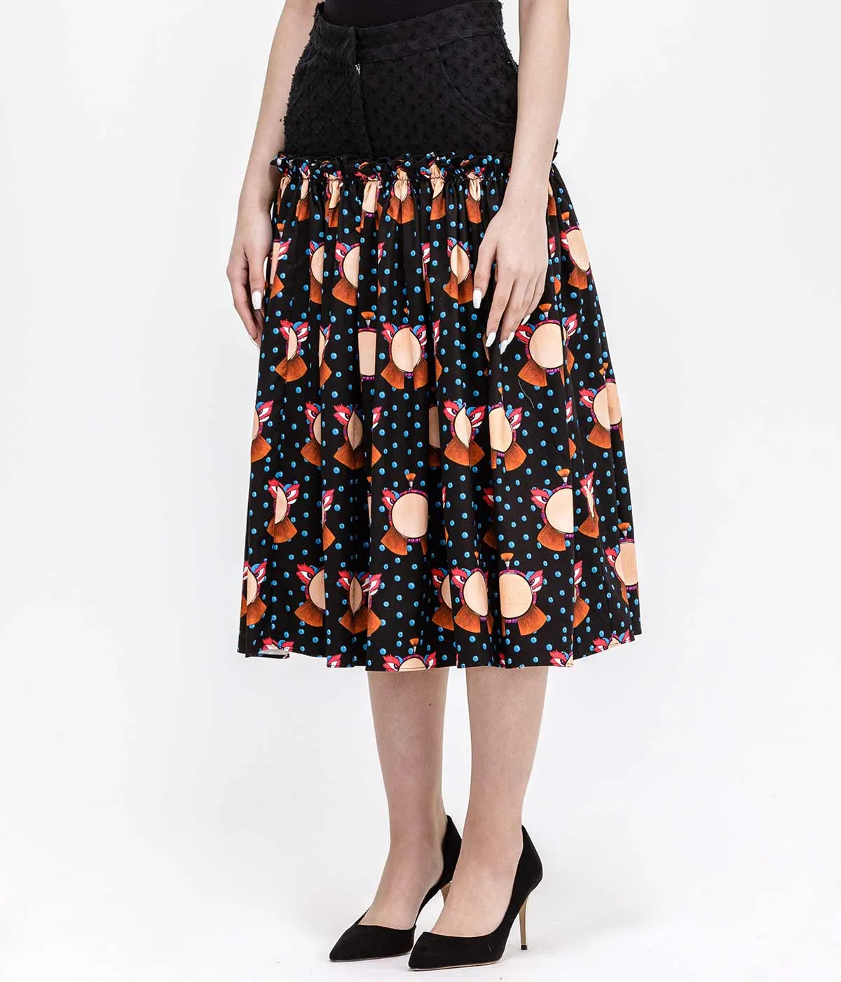 Black Graphic Printed Denim Skirt
