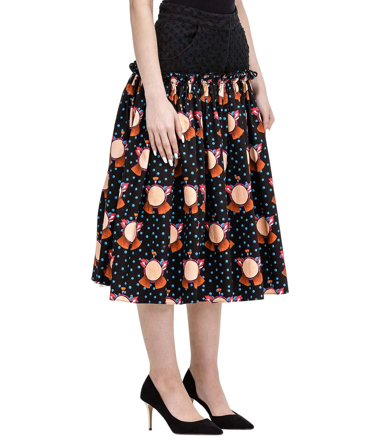 Black Graphic Printed Denim Skirt