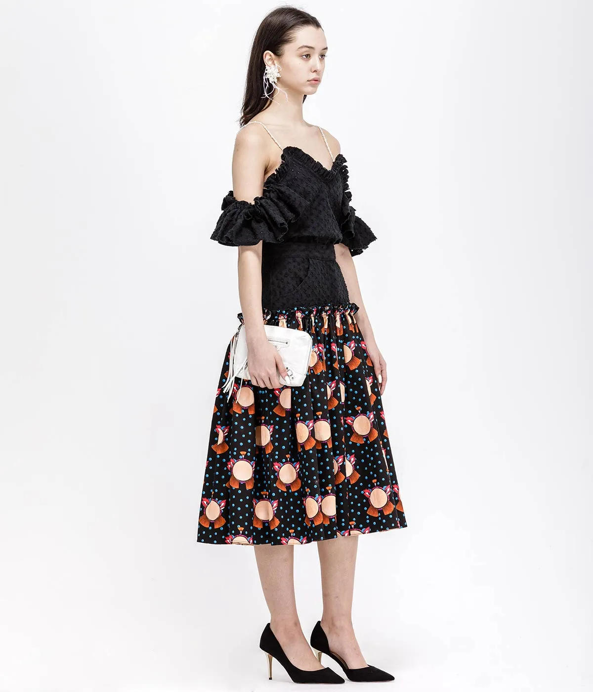 Black Graphic Printed Denim Skirt