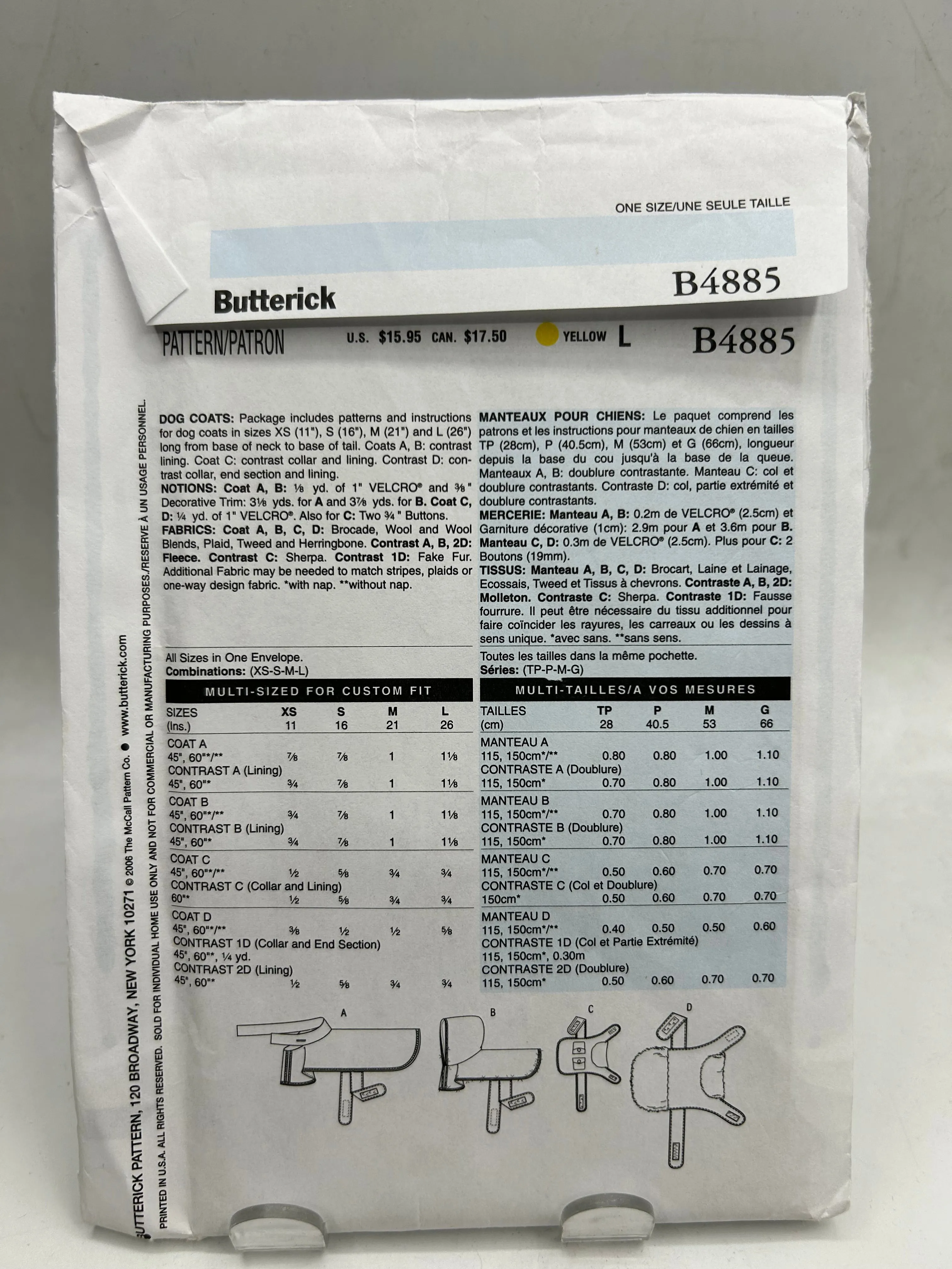 BUTTERICK Pattern, Dog Coats (PBT4885)