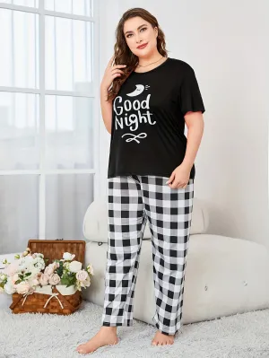 Chic Comfort Women's Plus Moon & Letter Print Loungewear Set for Casual Elegance
