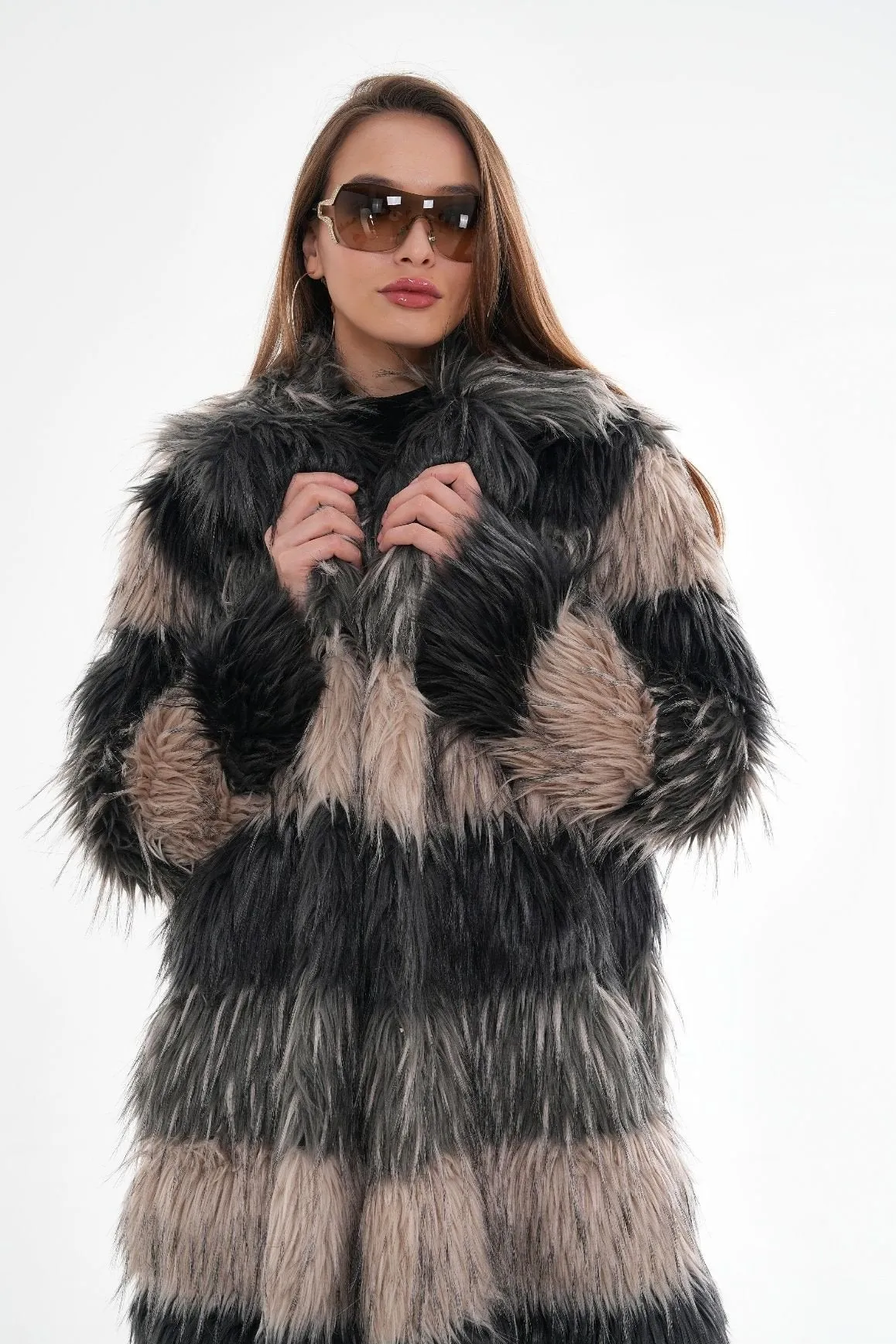 Chic Two-Tone Long Faux Fur Coat  Luxe Winter Statement