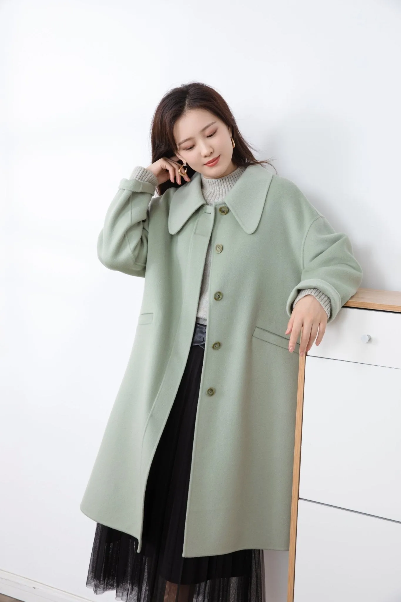 Citron Green Double Woolen Long Overcoats