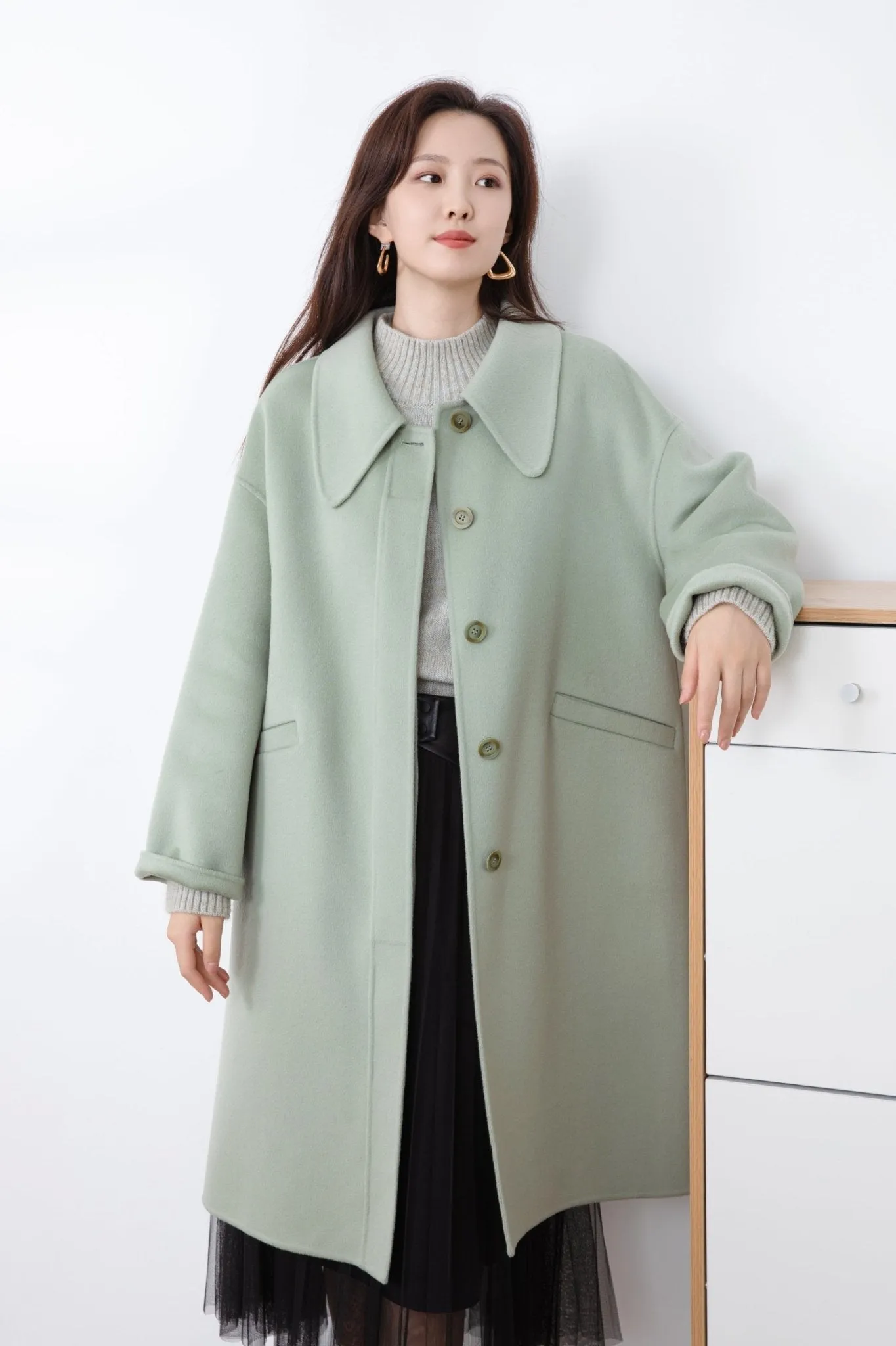 Citron Green Double Woolen Long Overcoats