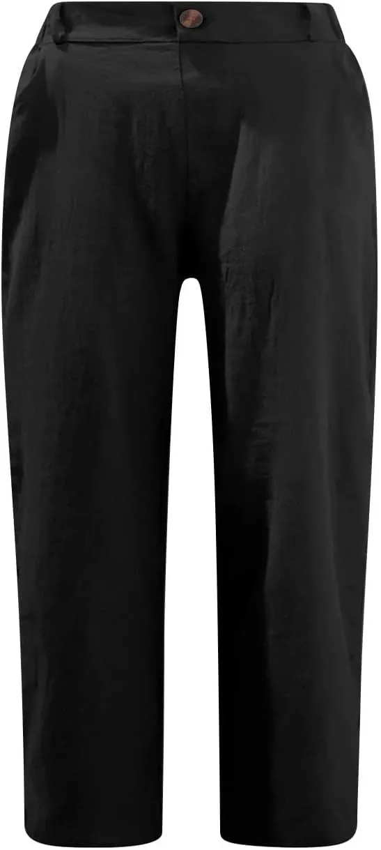 Cotton Linen Cropped Pants for Women Loose Casual Capris Breathable Lightweight Dress Pant Summer Straight Leg Trousers