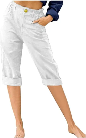 Cotton Linen Cropped Pants for Women Loose Casual Capris Breathable Lightweight Dress Pant Summer Straight Leg Trousers