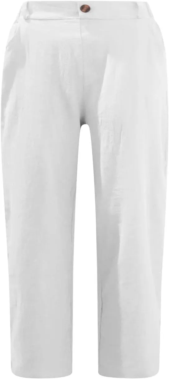 Cotton Linen Cropped Pants for Women Loose Casual Capris Breathable Lightweight Dress Pant Summer Straight Leg Trousers