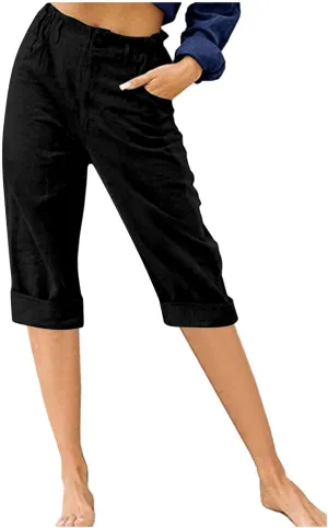 Cotton Linen Cropped Pants for Women Loose Casual Capris Breathable Lightweight Dress Pant Summer Straight Leg Trousers
