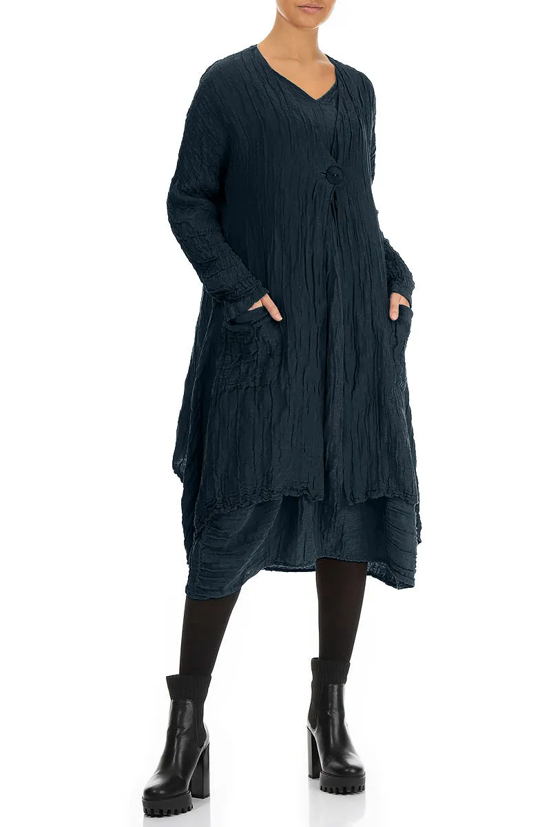 Dropped Edge Crinkled Midnight Blue Silk Linen Jacket