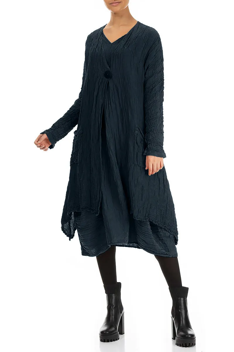 Dropped Edge Crinkled Midnight Blue Silk Linen Jacket