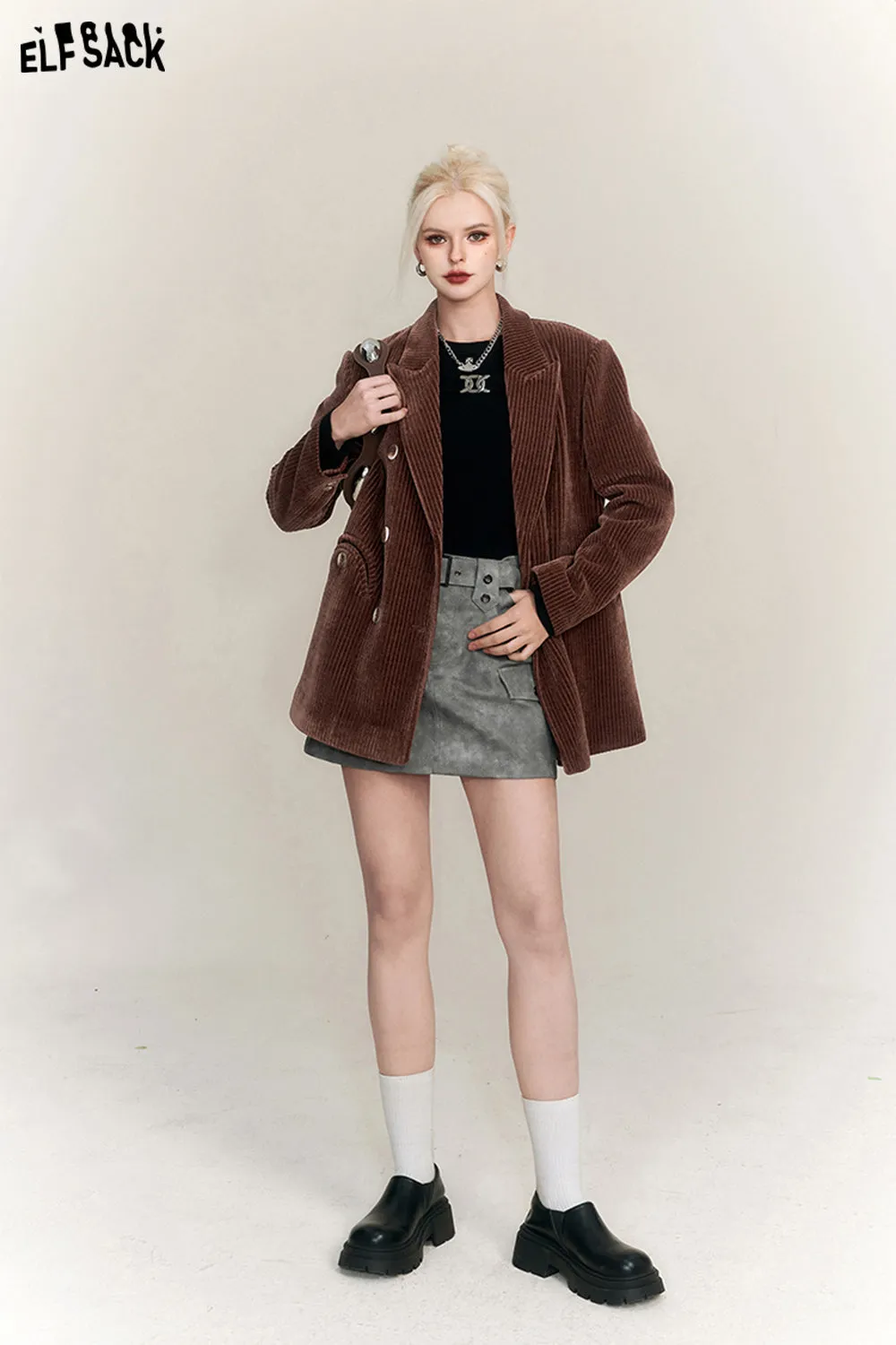 ELFSACK Chenille Brown Suit Jackets Women 2023 Winter New Retro Designer Coats