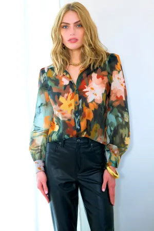 Finley Shirts Colette Autumn Floral Blouse 3592074A | Olive/Multi