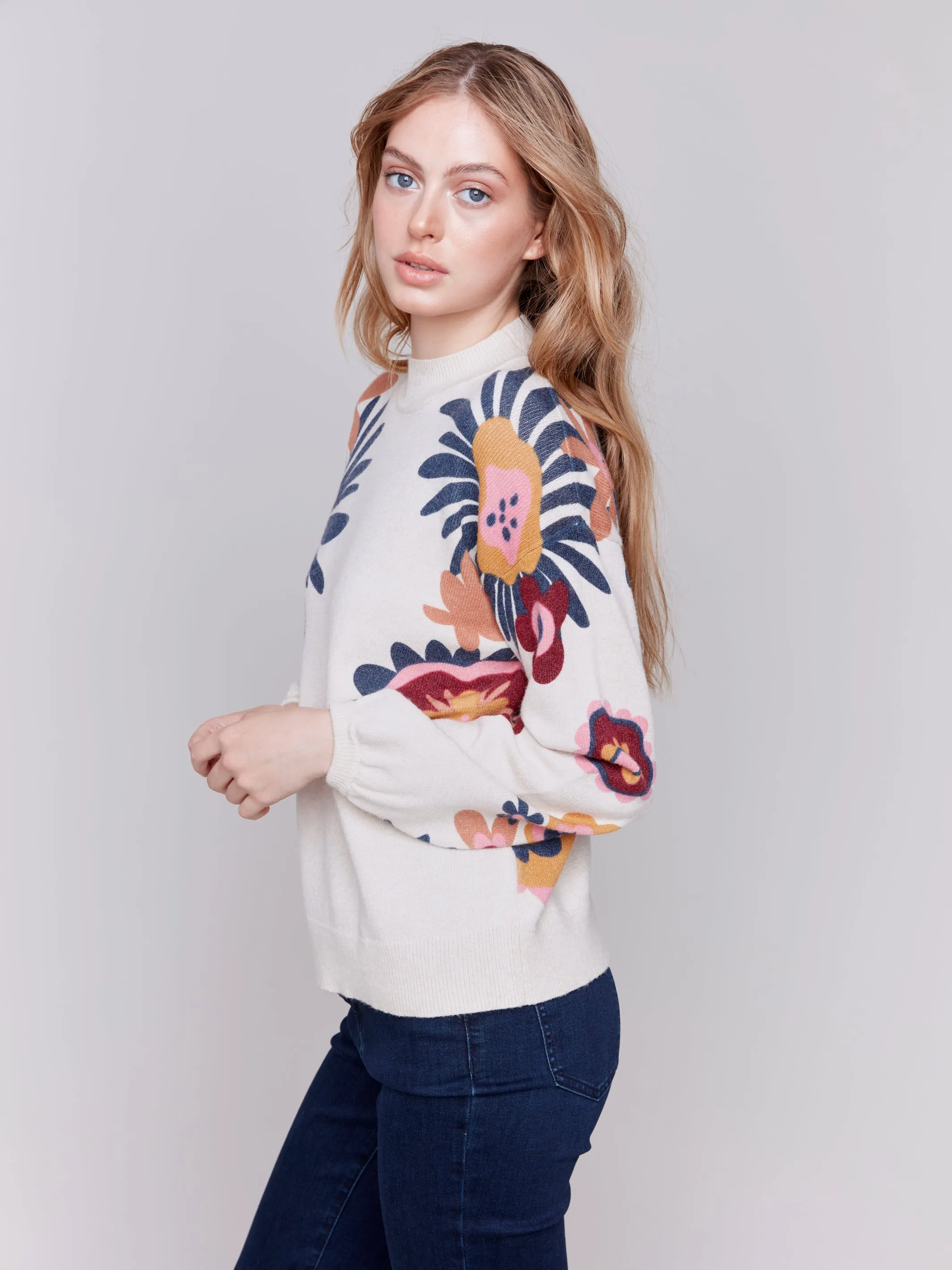 Floral Print Mock Neck Sweater