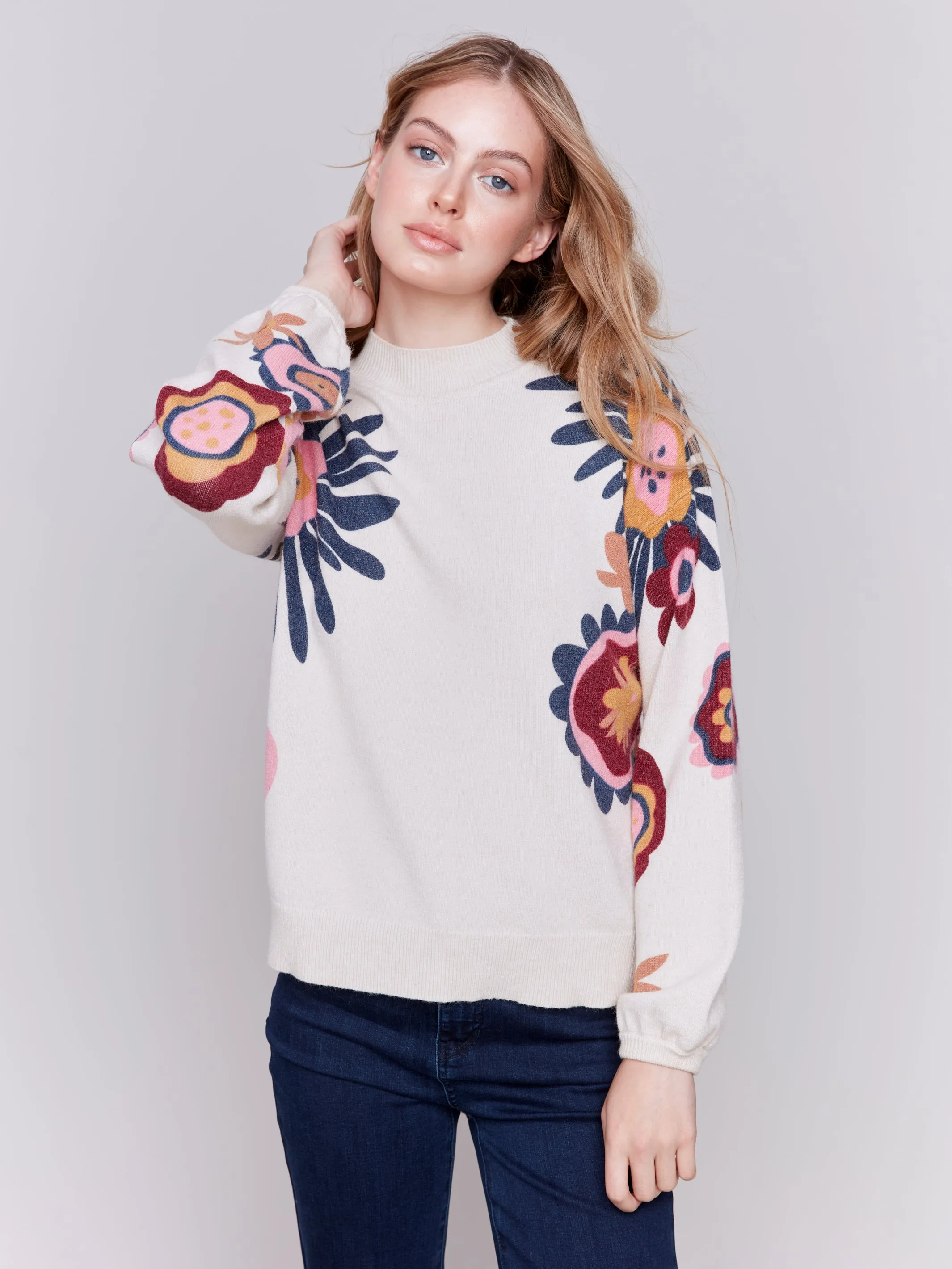 Floral Print Mock Neck Sweater