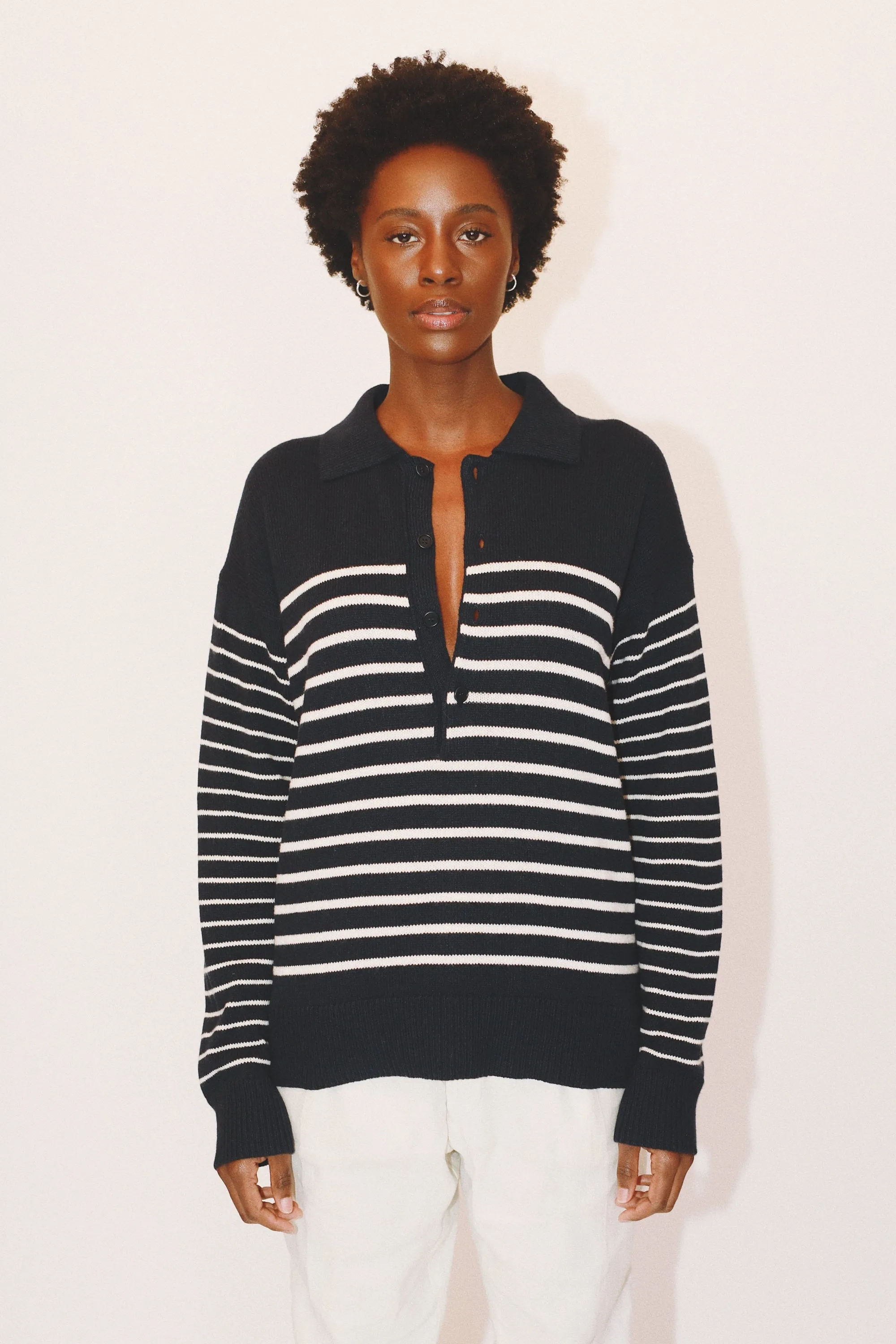 GEORGE COLLAR STRIPED SWEATER - NAVY