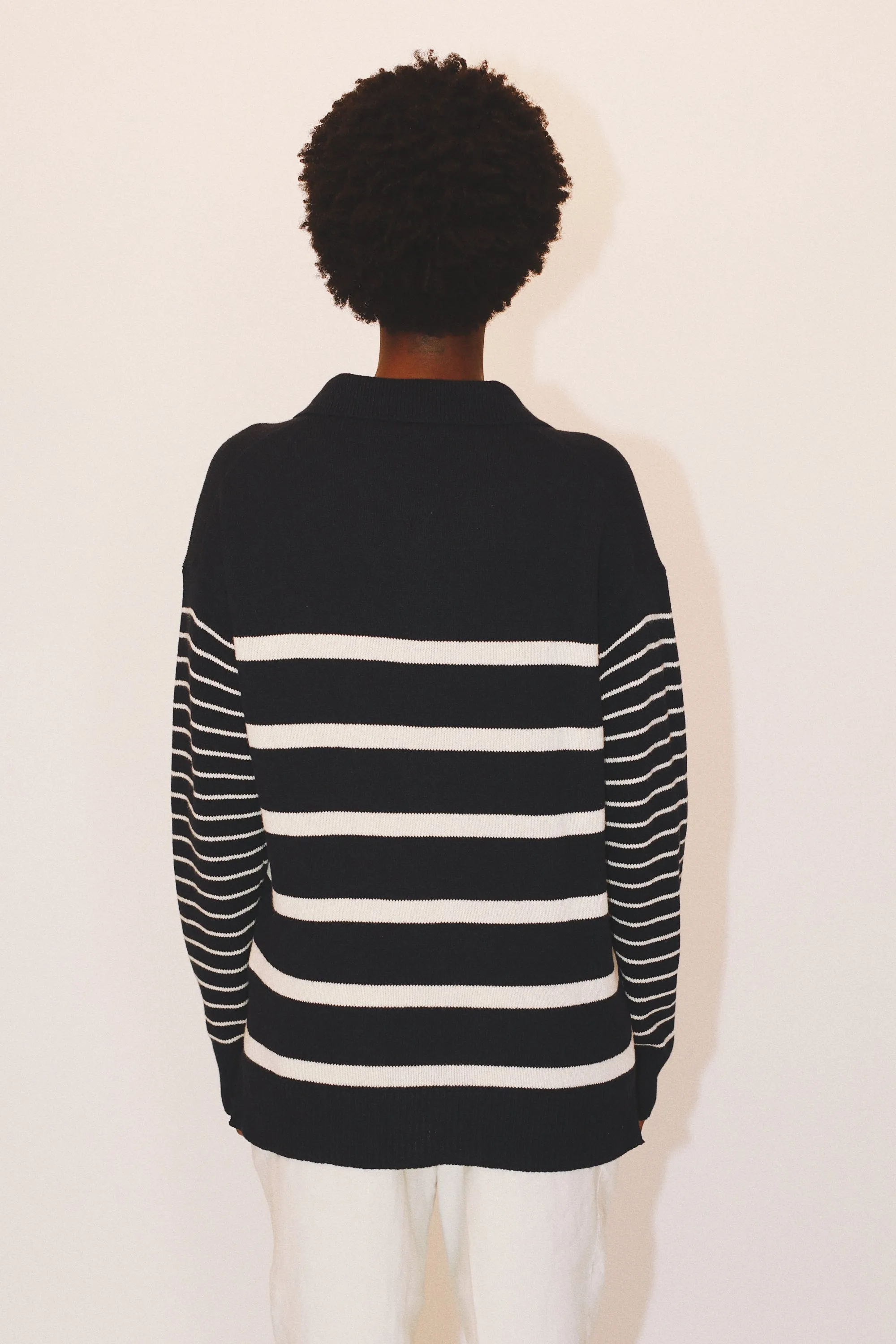 GEORGE COLLAR STRIPED SWEATER - NAVY