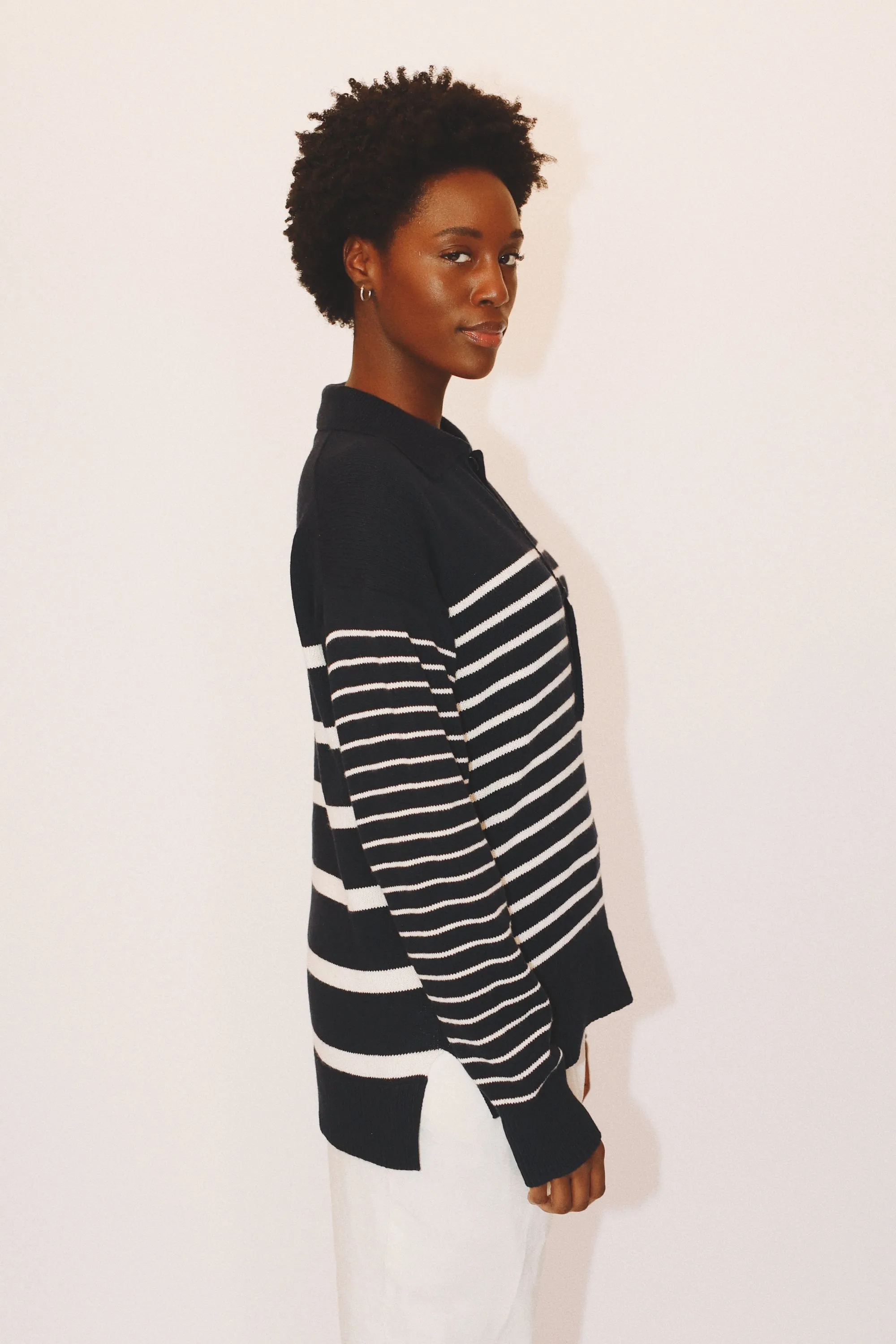 GEORGE COLLAR STRIPED SWEATER - NAVY