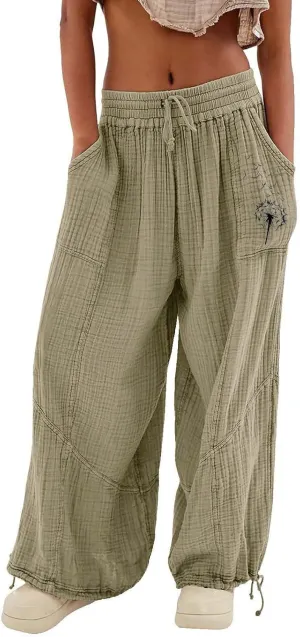 GIERIDUC Linen Pants Women Summer Casual Elastic Drawstring Pants Wide Leg Baggy Trousers with Pockets Loose Fitted Capris