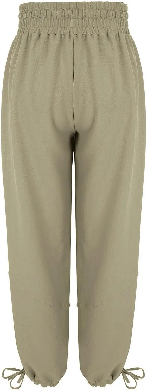 GIERIDUC Linen Pants Women Summer Casual Elastic Drawstring Pants Wide Leg Baggy Trousers with Pockets Loose Fitted Capris