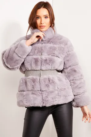 Grey Faux Fur Shirred Waist Panelled Coat