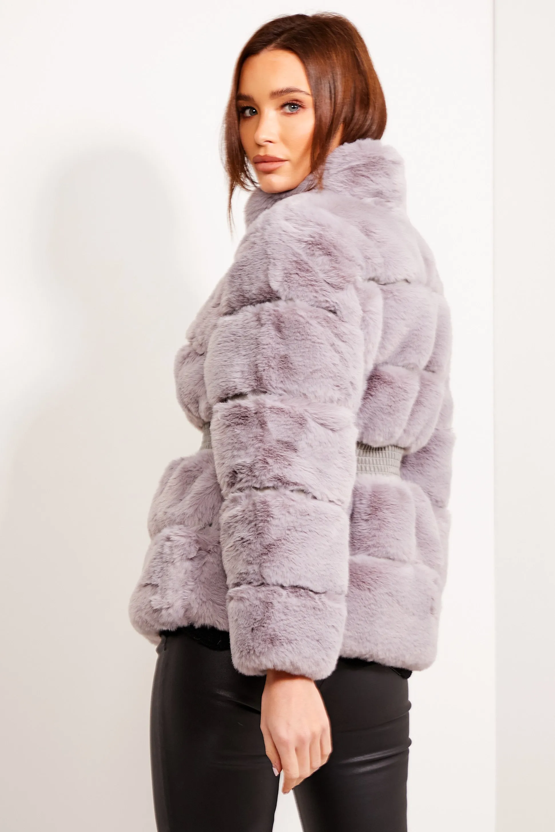 Grey Faux Fur Shirred Waist Panelled Coat