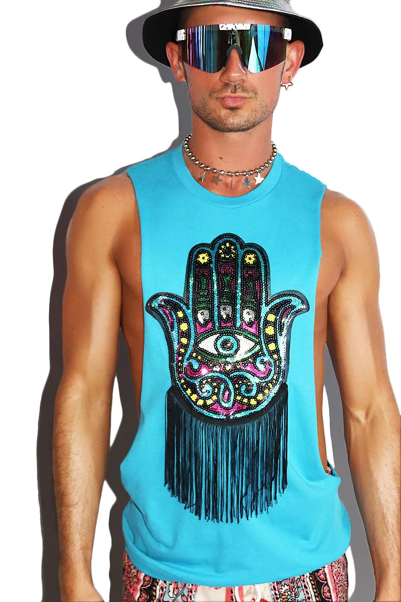 Hamsa Fringe Low Arm Tank-Blue