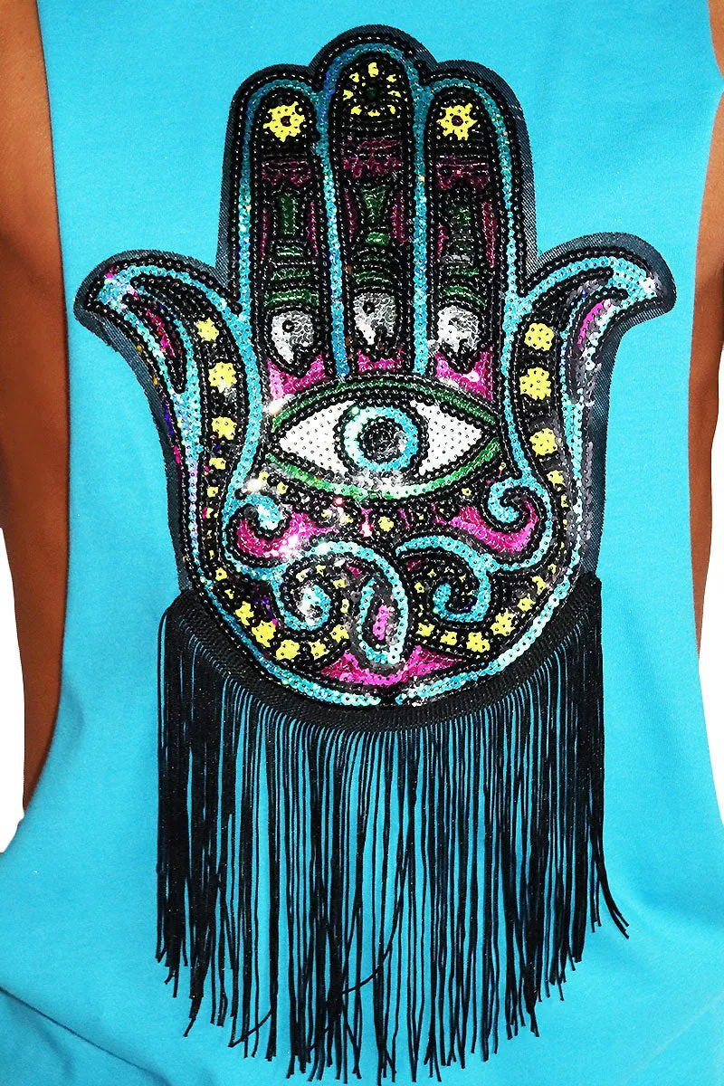 Hamsa Fringe Low Arm Tank-Blue