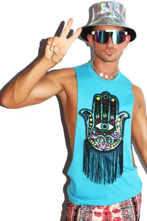Hamsa Fringe Low Arm Tank-Blue