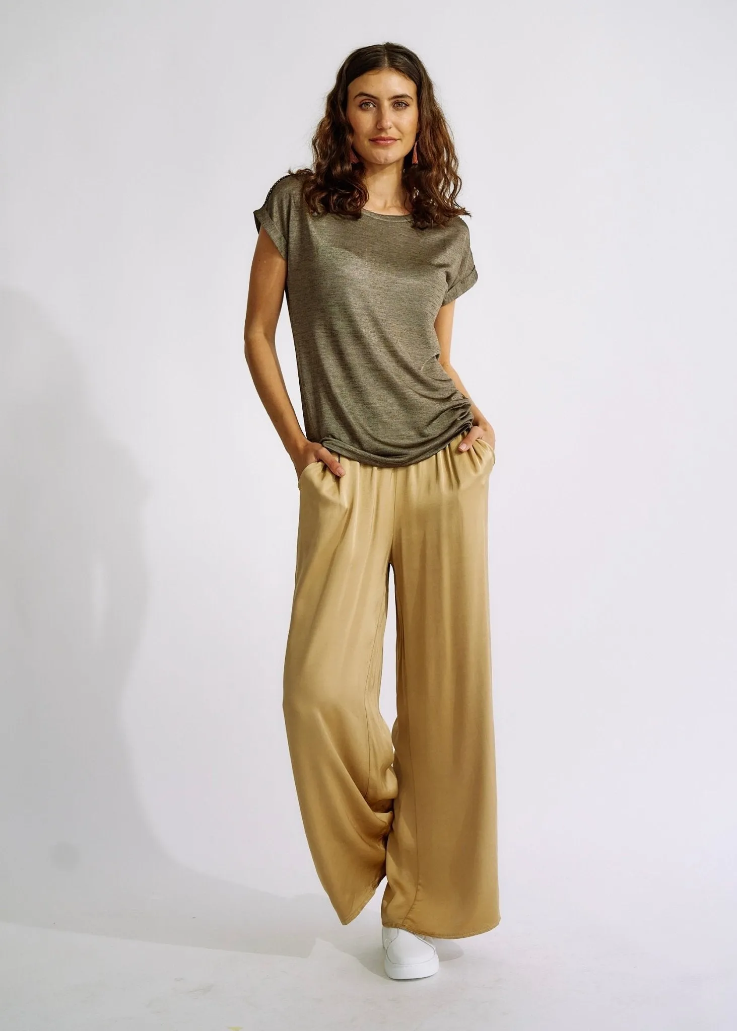 Italian Satin Palazzo Pants Caramel