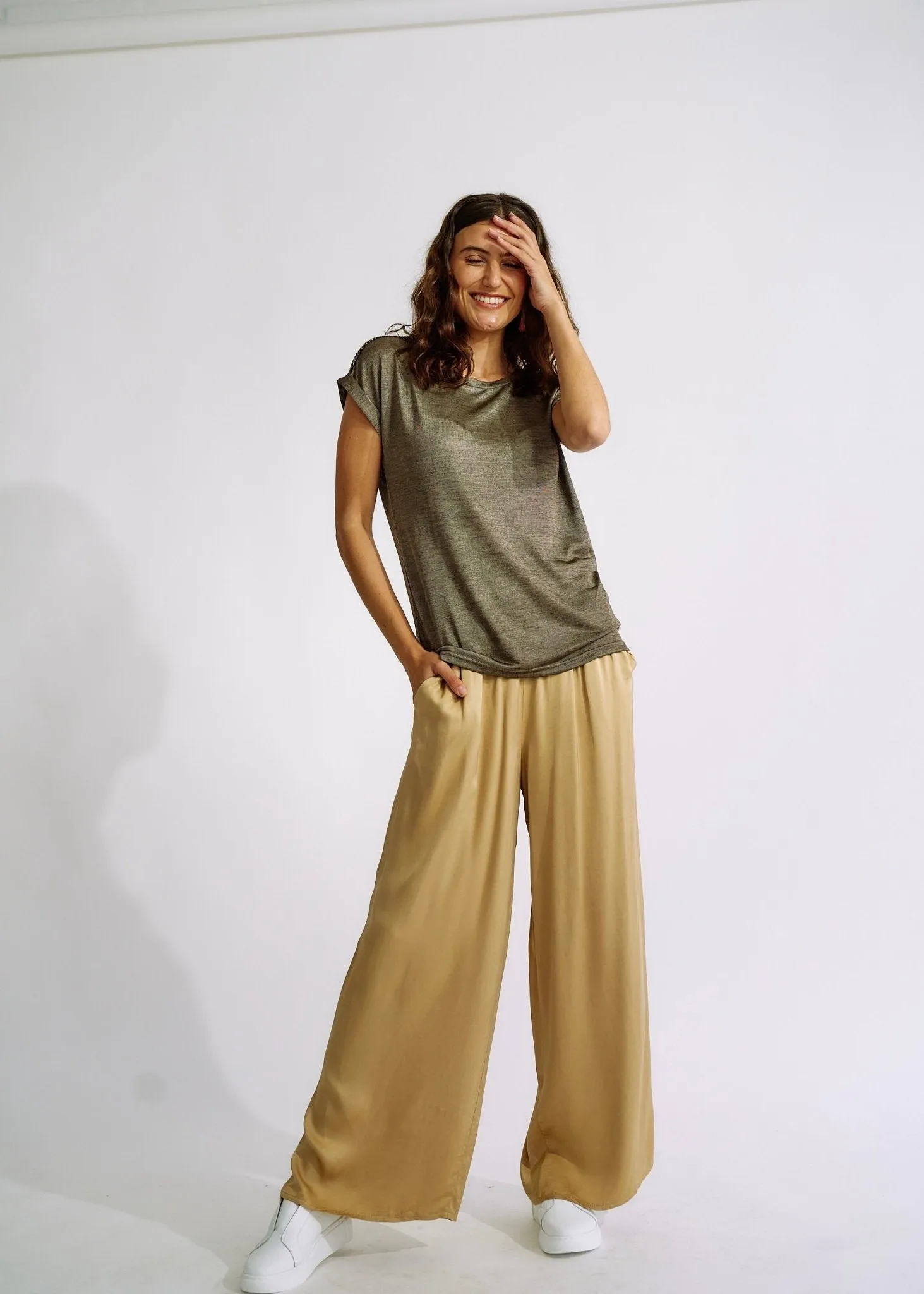 Italian Satin Palazzo Pants Caramel