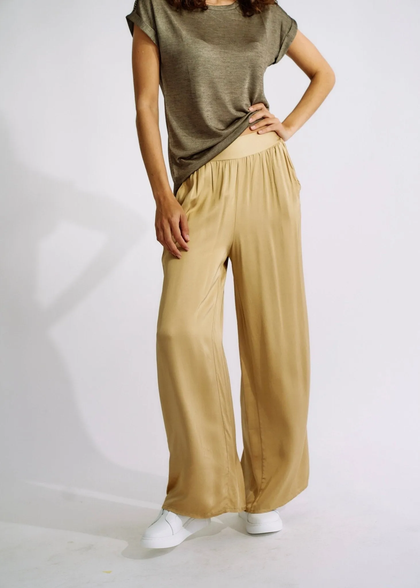 Italian Satin Palazzo Pants Caramel