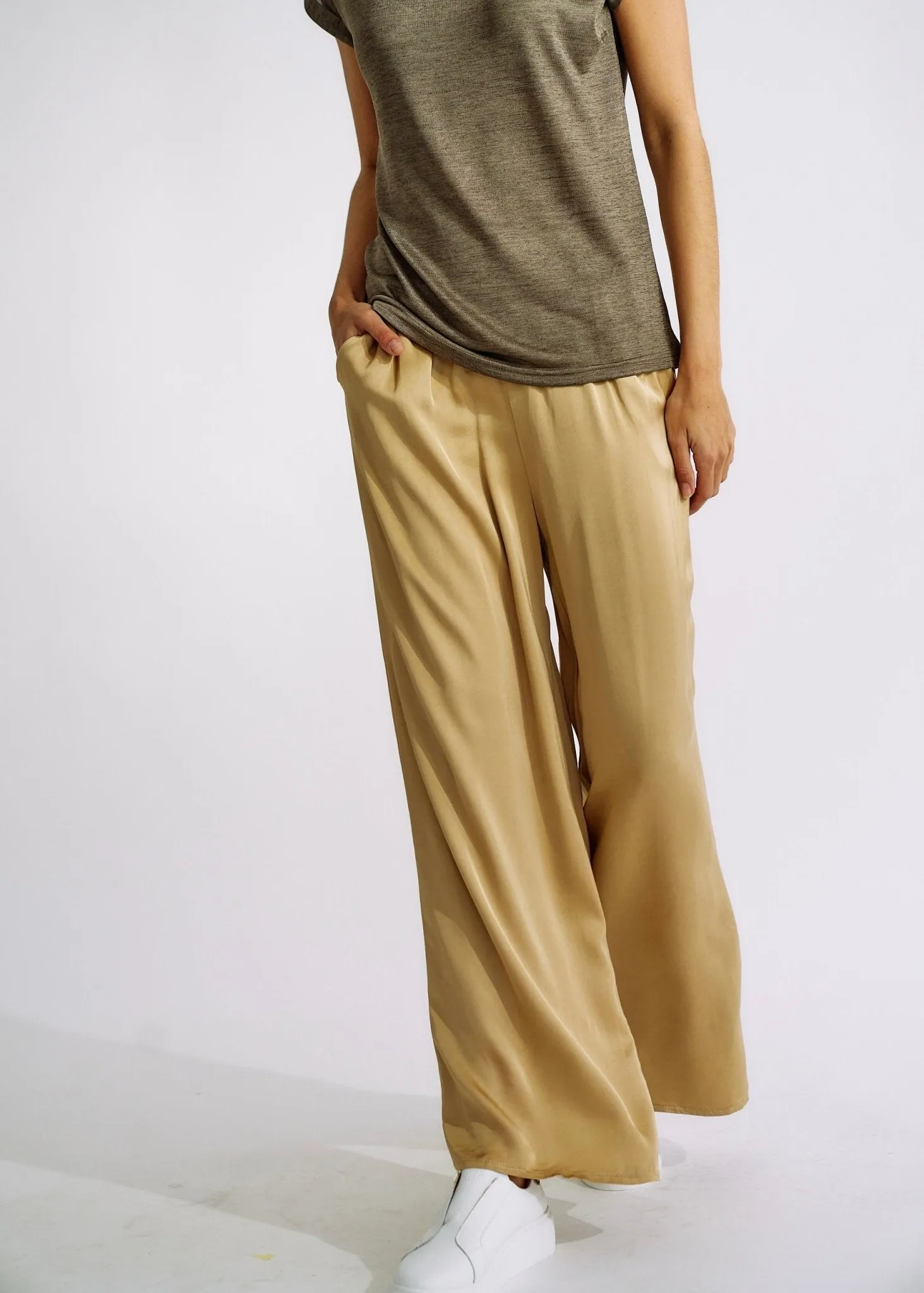 Italian Satin Palazzo Pants Caramel