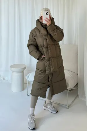 Jaya khaki long tie collar duvet coat
