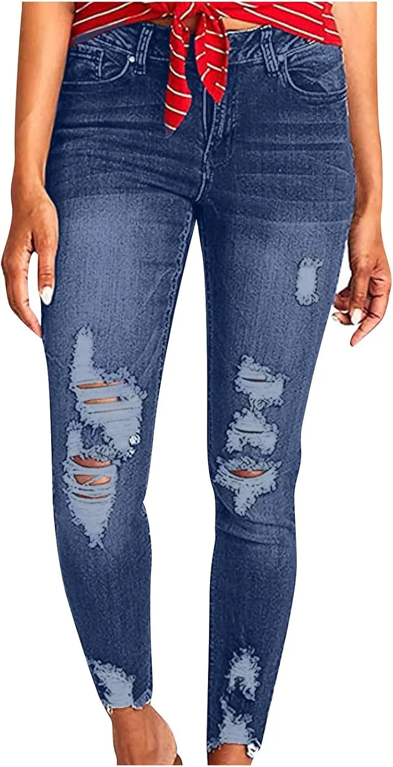 Jeans for Women High Waist Solid Color Ripped Trousers Casual Slim Fit Button Denim Pants with Pockets