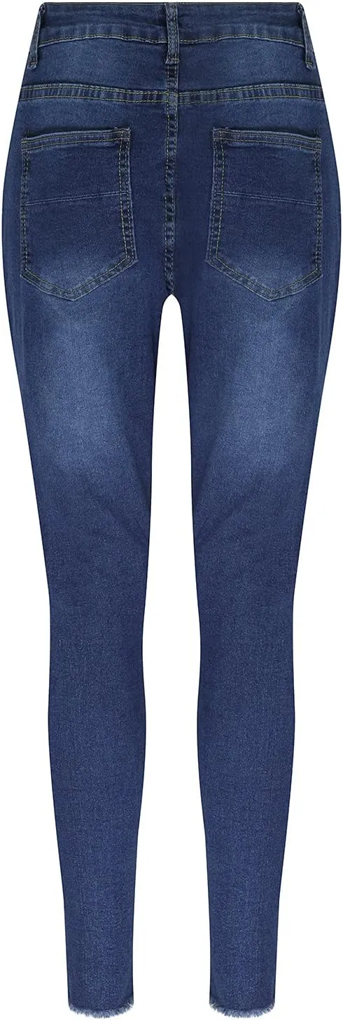 Jeans for Women High Waist Solid Color Ripped Trousers Casual Slim Fit Button Denim Pants with Pockets