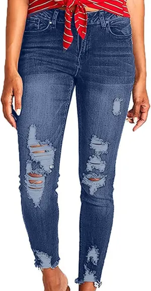 Jeans for Women High Waist Solid Color Ripped Trousers Casual Slim Fit Button Denim Pants with Pockets