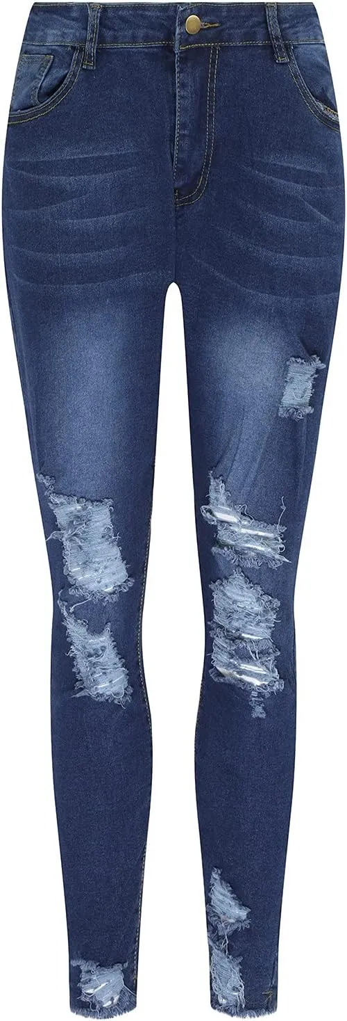 Jeans for Women High Waist Solid Color Ripped Trousers Casual Slim Fit Button Denim Pants with Pockets