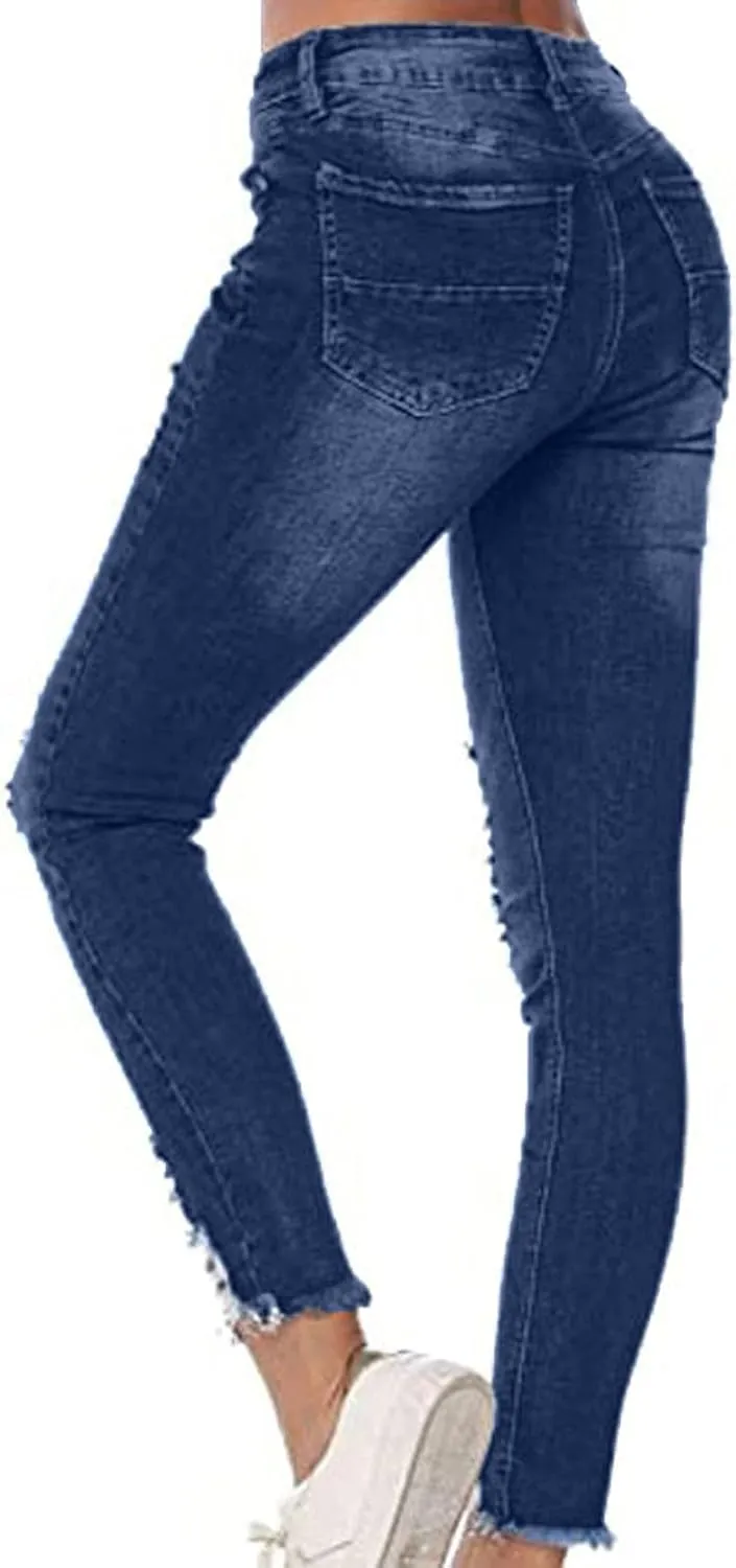 Jeans for Women High Waist Solid Color Ripped Trousers Casual Slim Fit Button Denim Pants with Pockets