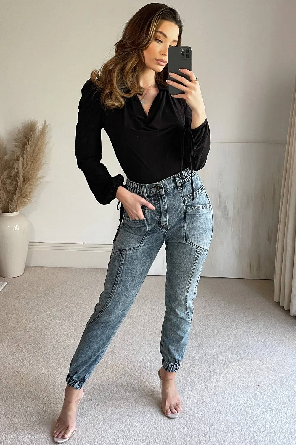 Kirsty blue  Acid Wash High Waisted Cuffed Utility Denim Jogger Jeans