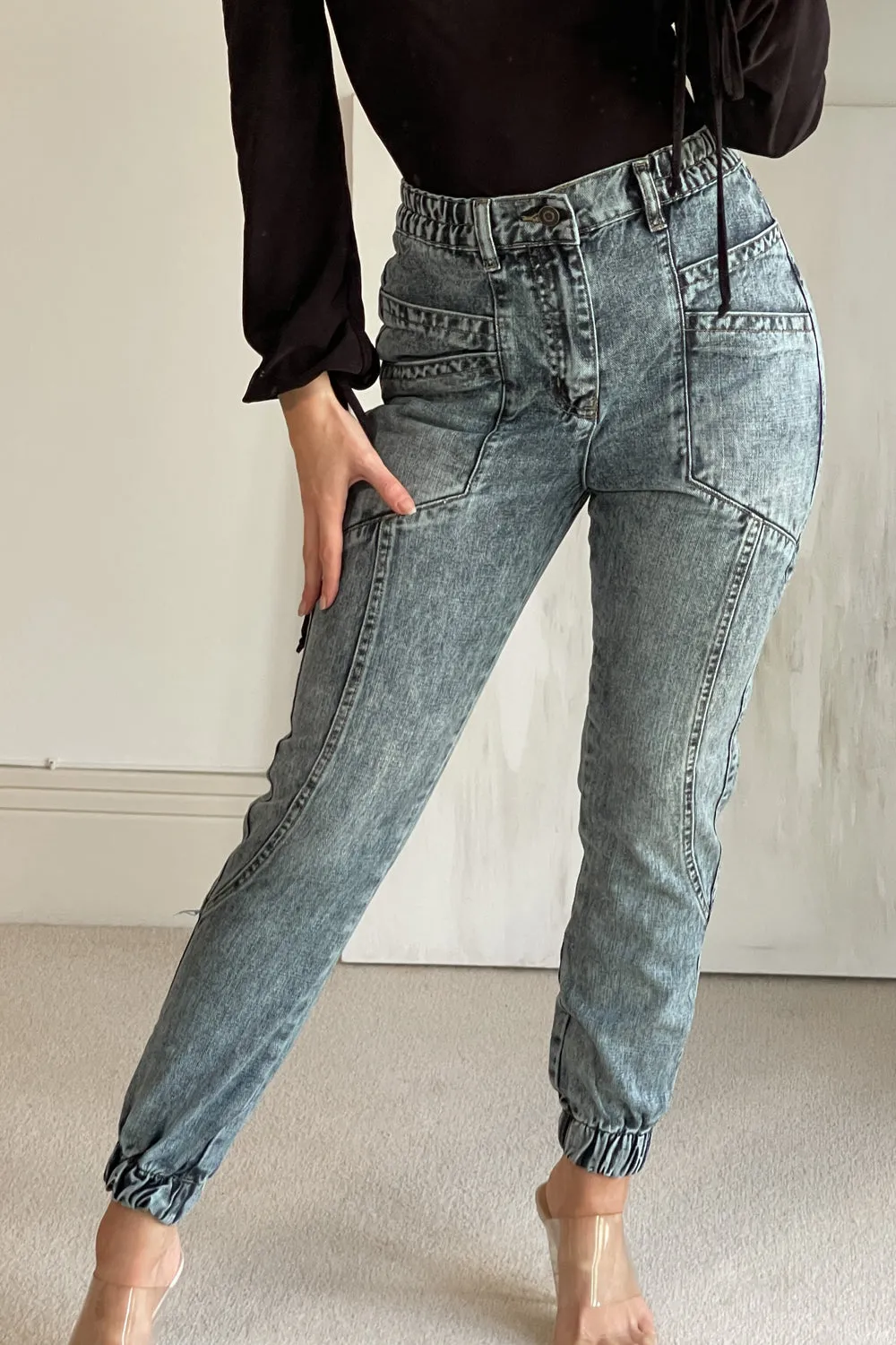 Kirsty blue  Acid Wash High Waisted Cuffed Utility Denim Jogger Jeans