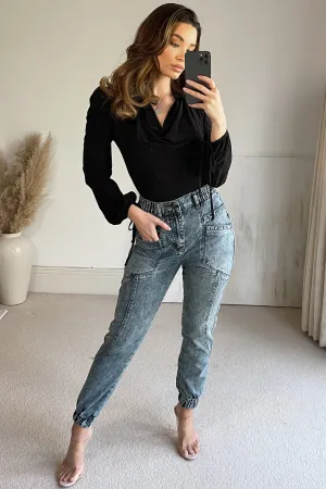 Kirsty blue  Acid Wash High Waisted Cuffed Utility Denim Jogger Jeans