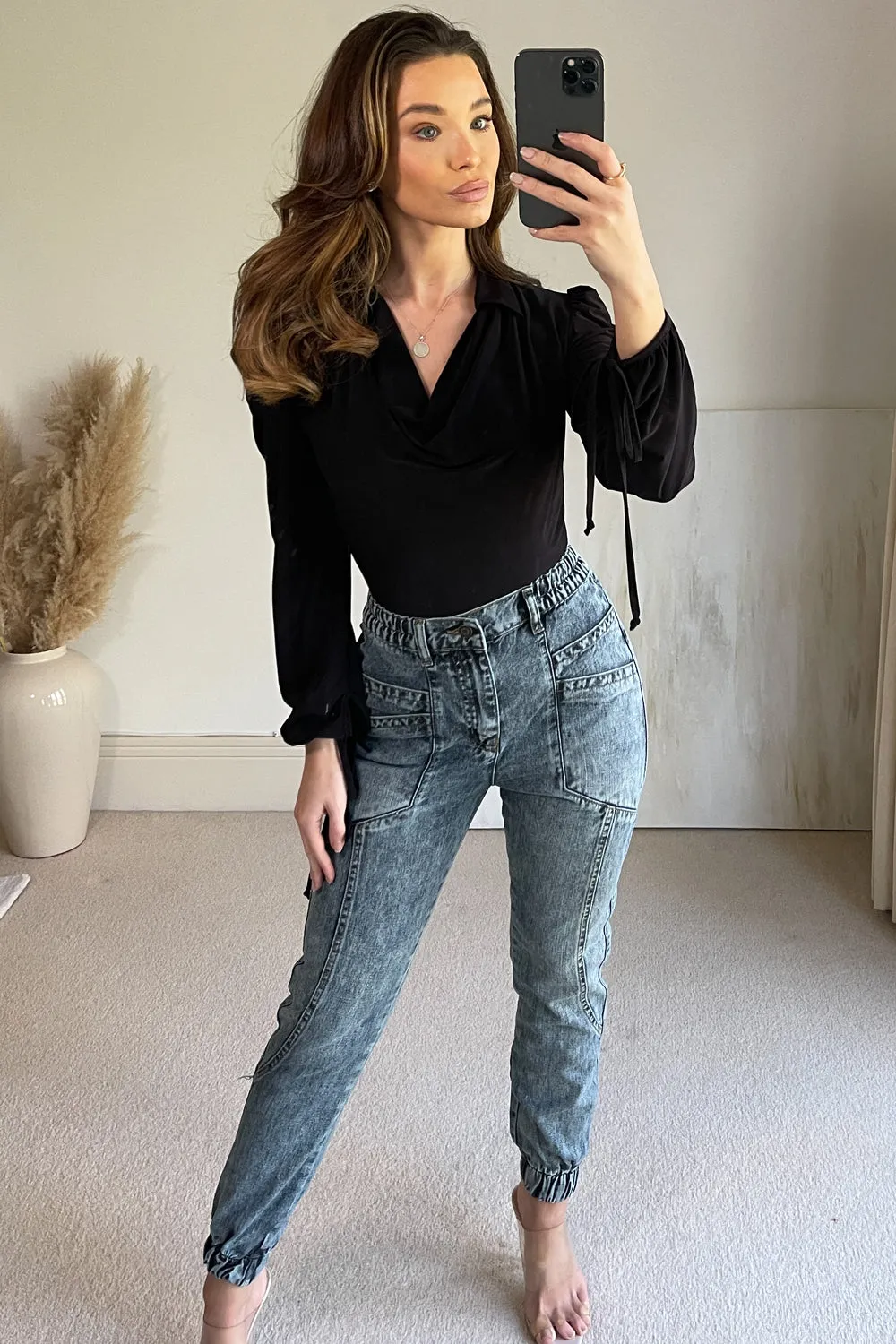 Kirsty blue  Acid Wash High Waisted Cuffed Utility Denim Jogger Jeans