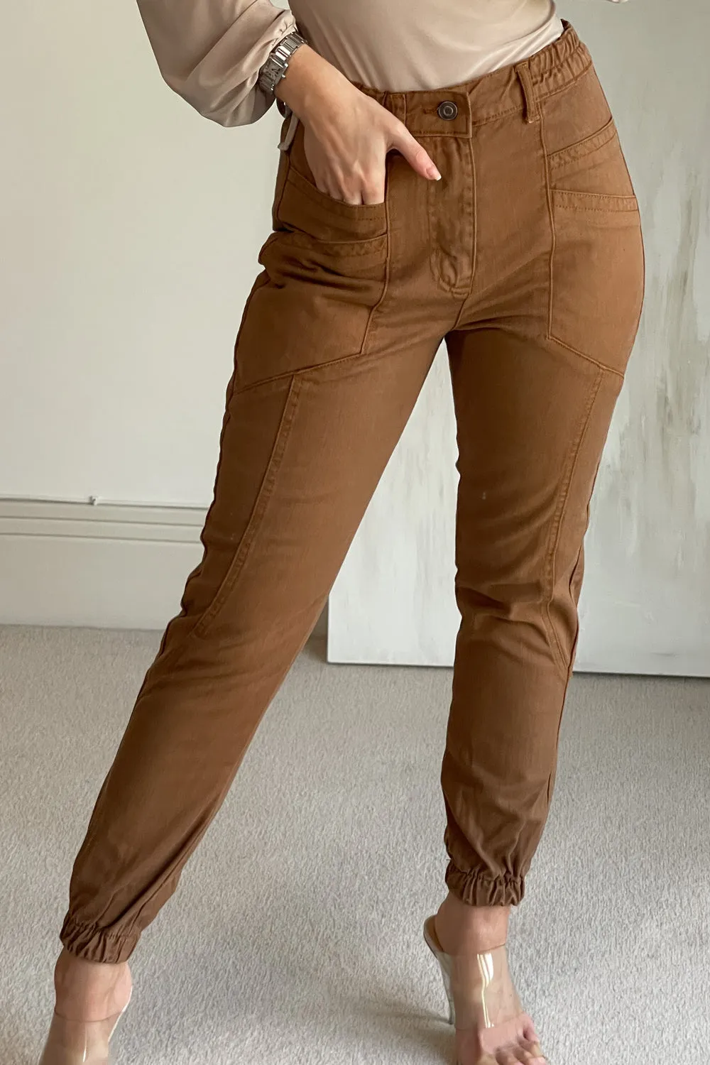 Kirsty Brown High Waisted Cuffed Utility Denim Jogger Jeans