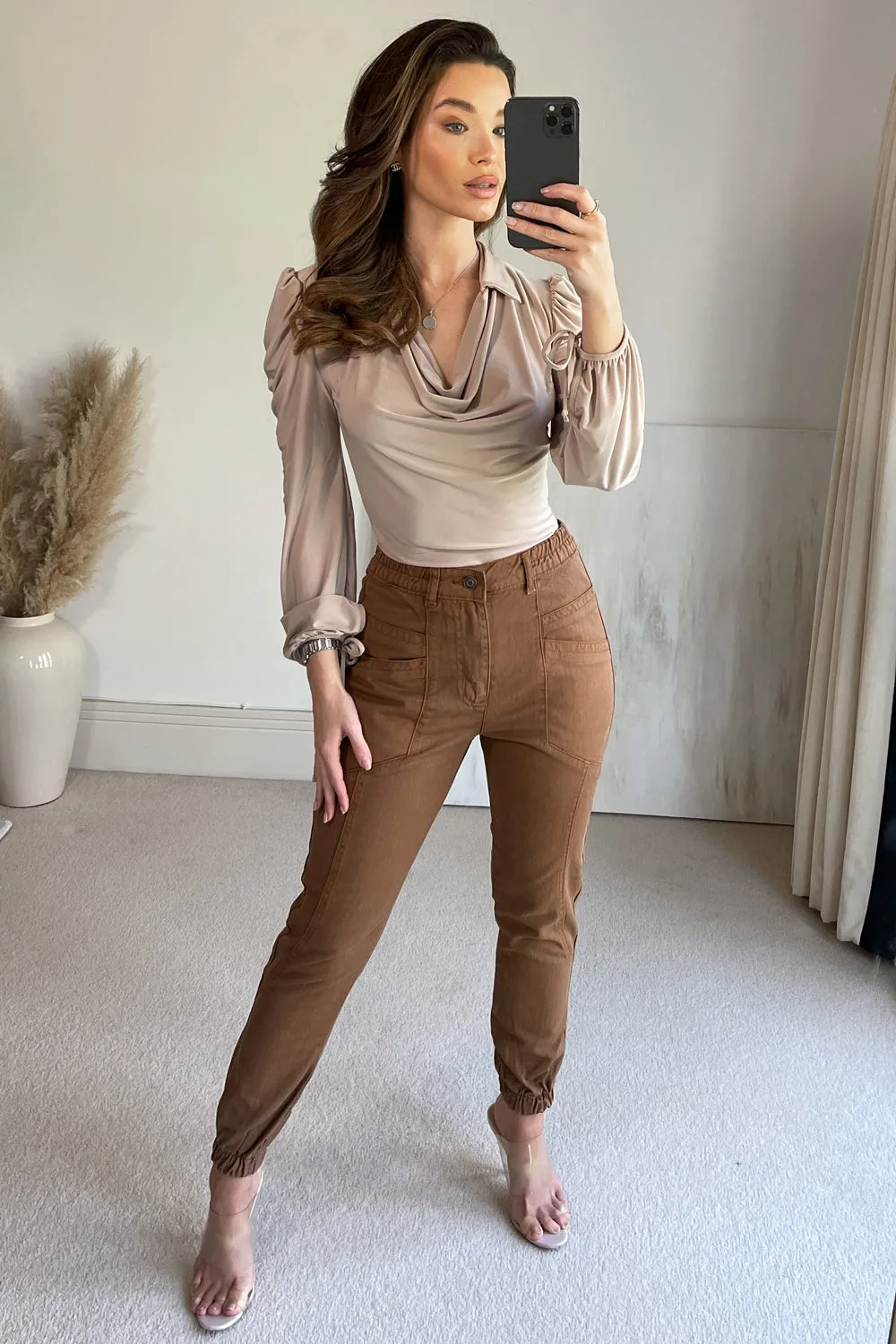 Kirsty Brown High Waisted Cuffed Utility Denim Jogger Jeans