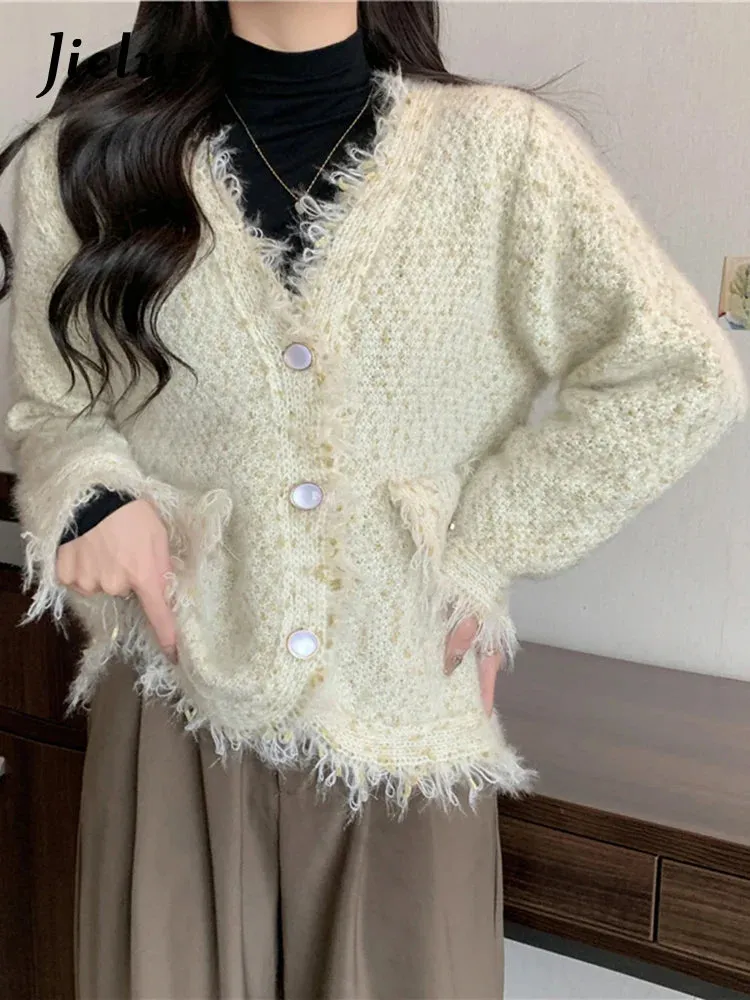 Metaversmall Tassel Knitted Women's Sweater Autumn Winter Korean New Chic Female Cardigan Coat Woman Beige Sweaters Single-breasted