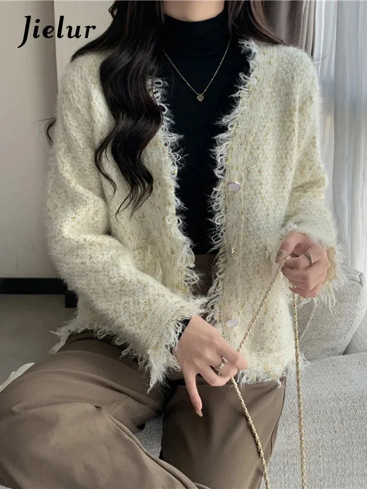 Metaversmall Tassel Knitted Women's Sweater Autumn Winter Korean New Chic Female Cardigan Coat Woman Beige Sweaters Single-breasted